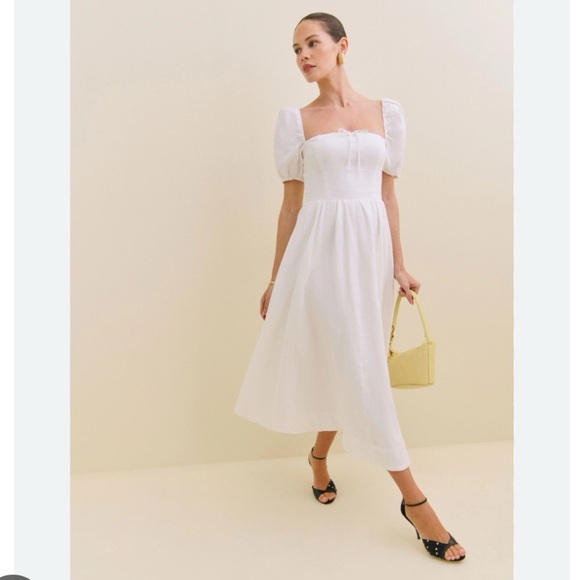 NEW Reformation Marella Linen Puff-Sleeve Dress White - Picture 7 of 11